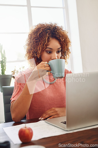 Image of Coffee, happy woman or designer with laptop for research, technology or stats analysis on website. Data analytics, typing or female person in office drinking tea, working on update or reading news