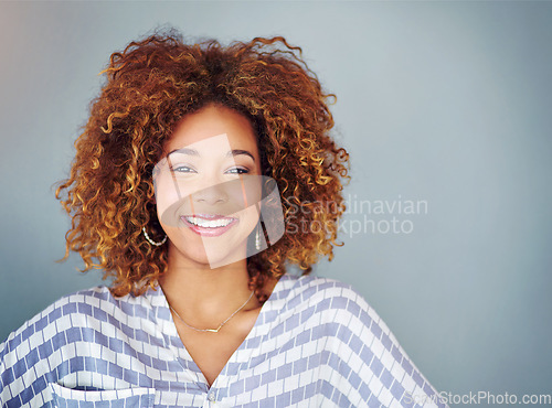 Image of Portrait, smile and creative business woman isolated on a gray background mockup space. Face, happy professional designer or entrepreneur, young employee and person working at startup in South Africa