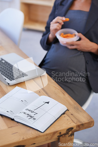 Image of Pregnant, book and business woman at her desk in the office, getting ready for maternity leave. Schedule, calendar or planner with a corporate professional in the workplace as a mother and employee