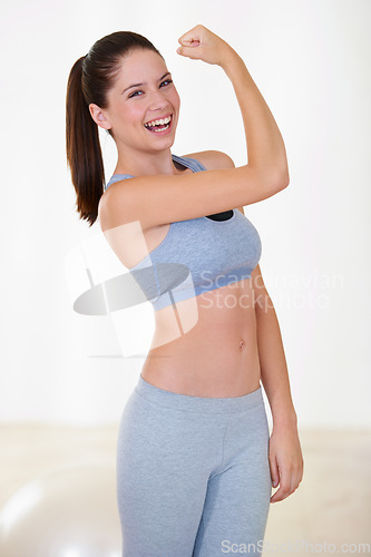 Image of Woman, portrait or happy in studio with flex for fitness, wellness or workout strength with sportswear. Person, athlete or laugh for biceps, exercise and training on white background or mock up space