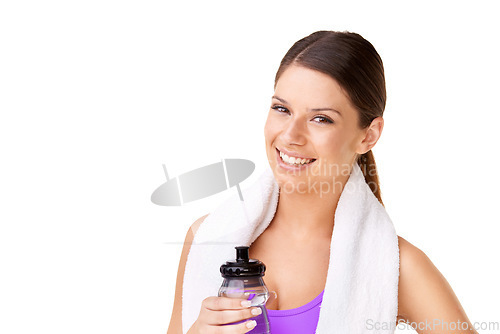 Image of Woman, portrait and water bottle in studio for fitness, exercise and training in wellness or health. Happy face of young person or sports model with towel and liquid for workout on a white background