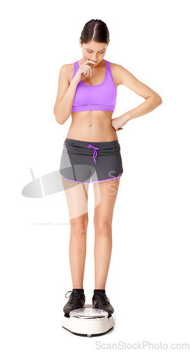 Image of Check, weight and woman on a scale with fitness, health and goals for body on white background. Studio, mockup and athlete thinking about numbers, reading and worried about results of a diet in space