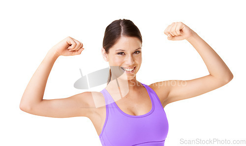 Image of Strong, bodybuilder and portrait of woman with fitness from workout or sports in white background. Happy, athlete and pride from achievement, development or wellness in studio space with confidence