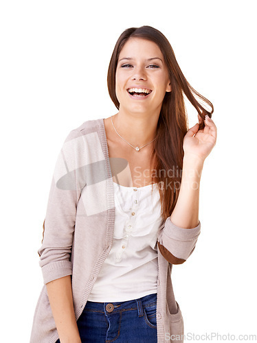 Image of Twirling, hair and portrait of woman with fashion or casual style in white background or studio. Happy, person and girl relax with confidence, pride and smile in mockup space or play with hairstyle