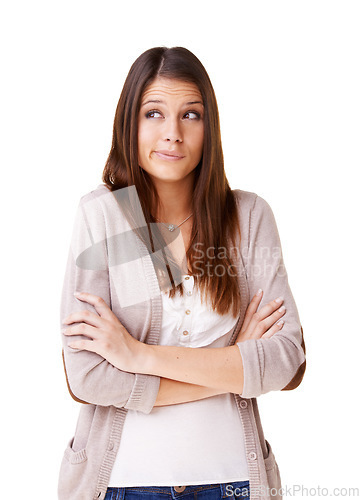 Image of Thinking, confused and woman with arms crossed shrug in studio with questions on white background. Why, doubt and female model with asking body language, dont know or how to gesture, guess or oops