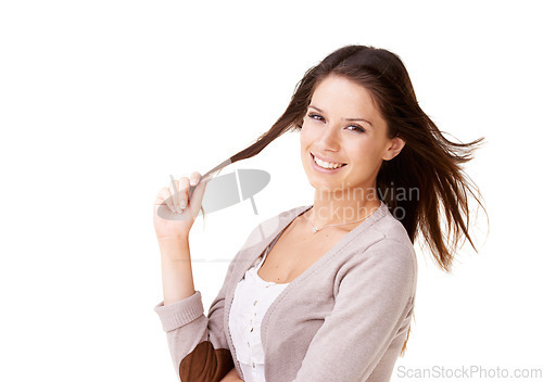 Image of Hair, twirl and portrait of woman with fashion for casual style in white background or studio. Happy, person and girl relax with confidence, pride and smile in mockup space or thinking of haircut