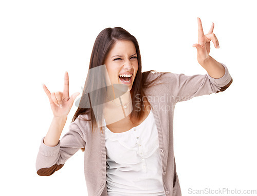 Image of Rock, music and portrait of woman with sign for metal, culture or freedom in studio white background. Crazy, girl and excited fan at concert and gesture with hands for devil, horns or punk rocker