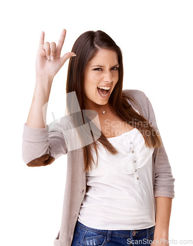 Image of Rock, music and portrait of woman with sign for metal, culture or freedom in studio white background. Crazy, girl and excited fan with icon or gesture with hands for devil, horns or punk rocker