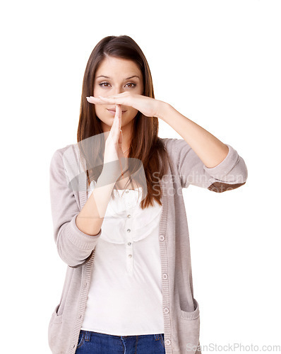 Image of Woman, portrait and hands in timeout, wait or pause against a white studio background. Casual young female person or model showing sign language, gesture or stop for break, halt or no on mockup space