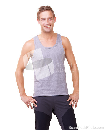 Image of Portrait, man and hands on hips for fitness, studio and happy with exercise wellness in gym clothes. Model, usa and smile face with commitment to health body, training and relax by white background