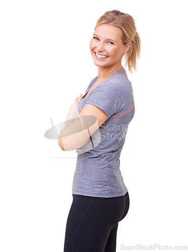 Image of Portrait, woman or laughing for fitness, studio or positive with exercise wellness in gym clothes. Person, glow face and smile with commitment to healthy body, training and relax by white background