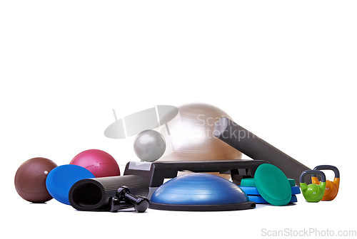 Image of Studio, gym equipment and fitness in mockup for sport, training and exercise for health lifestyle. Hand weights, accessories and ball with dumbbell or yoga mat and gym gadgets by white background