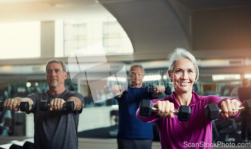 Image of Senior fitness club, dumbbells and people at gym for training, health and wellness, sport or exercise. Class, workout and elderly group of friends at a studio for hand weight, cardio or weightlifting