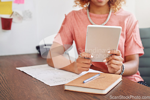 Image of Hands, notebook or designer with tablet for research, technology or analysis online on website. News, email or closeup of woman working on iot or digital update on internet or app in startup office