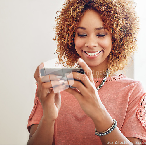 Image of Phone games, relax or happy woman on break playing online gaming, subscription or connection. Designer, video gamer or African person with mobile app in workplace for streaming multimedia with smile