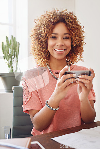Image of Mobile games, portrait or happy woman in office playing online gaming, subscription to relax. Smile, video gamer or African worker with phone app on break in workplace for streaming fun multimedia