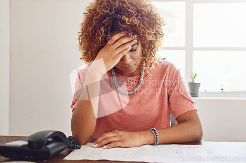 Image of Headache, paperwork or woman in office for administration, documents report or project deadline. Migraine pain, stress or frustrated secretary at desk working on research, agenda or human resources