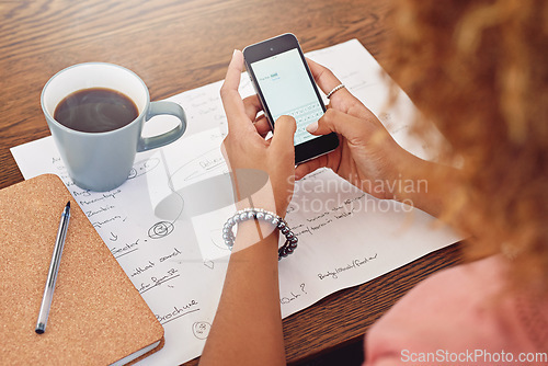 Image of Screen, email or hands of woman with phone for research, social media or networking on internet. Technology, typing or manager texting a message on mobile app for communication or review in office