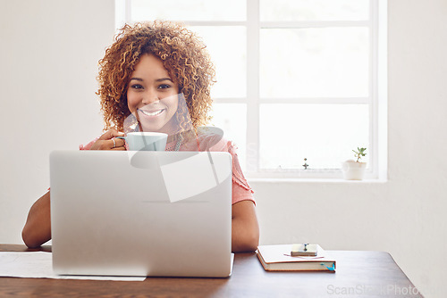 Image of Coffee, portrait or happy woman with laptop for research, technology or stats analysis on website. Remote work, typing or female worker in home office drinking tea, working on update or reading news