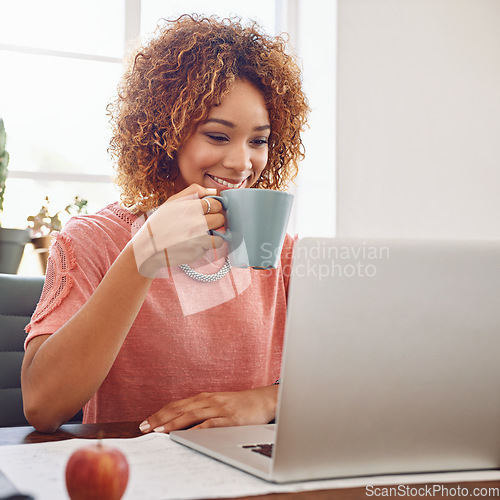 Image of Tea, happy woman or designer with laptop for research, technology or stats analysis on website. Data analytics, typing or female person in office drinking coffee, working on update or reading news