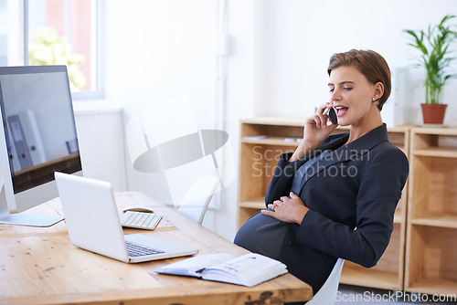 Image of Woman, pregnant and maternity phone call at office for peace break, childcare as waiting motherhood. Female person, stomach and book for holiday date as professional employee, career relax for infant