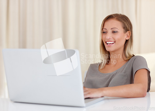 Image of Woman, laptop and happy for remote work from home, ideas and thinking with freelance copywriting job. Girl, computer and entrepreneur with planning, schedule and brainstorming with reading in house