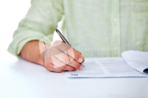 Image of Writing, hands and business with man, contract and professional with information, paperwork and signing. Person, employee and consultant with documents, office and agreement with b2b deal and closeup