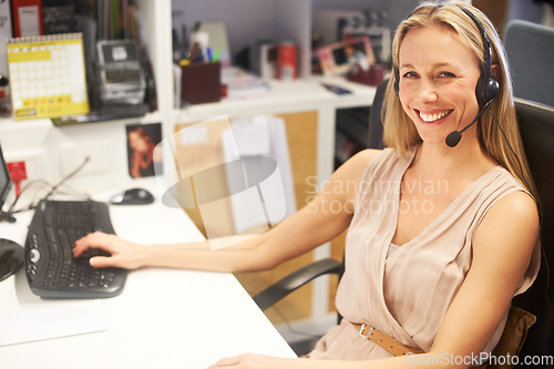 Image of Call center, portrait and happy professional woman for startup telemarketing service, consultation or tech support. Help desk customer care, outsourcing and telecom agent smile for lead generation