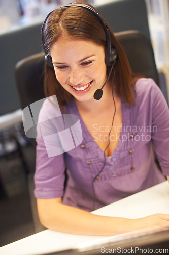 Image of Call center, computer and happy business woman reading telemarketing report, telecom info or tech support review. Help desk customer care, ecommerce data and agent smile for online advisory feedback
