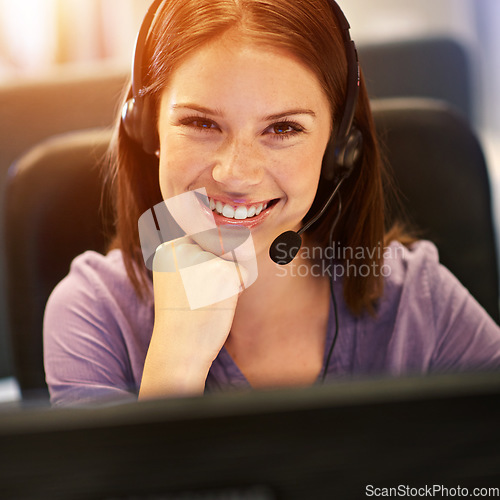 Image of Customer service, portrait or happy business woman for startup telemarketing job, ecommerce or tech support. Contact us help desk, call center face and telecom agent pride in lead generation career