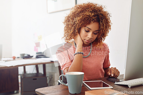 Image of Technology, social media or designer with tablet for research, editing or copywriting on blog. Startup agency, phone or African woman in office working on internet update, networking or reading news