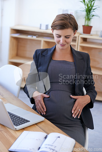 Image of Woman, pregnant and maternity date thinking of break, childcare rest as waiting motherhood. Female person, stomach and hands as professional employee for career relax, notebook for health research