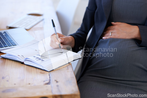 Image of Businesswoman, pregnant and date for maternity closeup .for work break, waiting for motherhood. Female person, stomach and notebook as professional employee for career relax, appointment for care