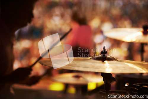 Image of Drums, playing and closeup of hands, music festival and concert in outdoors, talent and audience. Band, performance and entertainment for crowd, instrument and rhythm for people, sound and rock