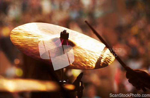 Image of Drums, performance and closeup of hands, concert and music festival in outdoors, talent and audience. Band, playing and entertainment for crowd, instrument and rhythm for people, sound and rock