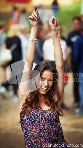Image of Woman, outdoors and smile in portrait, music festival and fun on vacation or traveling. Female person, face and holiday in Ibiza, casual and cool fashion for party, concert and celebrate for freedom