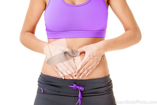 Image of Woman, heart hands and stomach for care in studio with gut health in digestion mock up on white background. Female person, gesture or abdomen for wellness of body, diet and nutrition by balanced meal