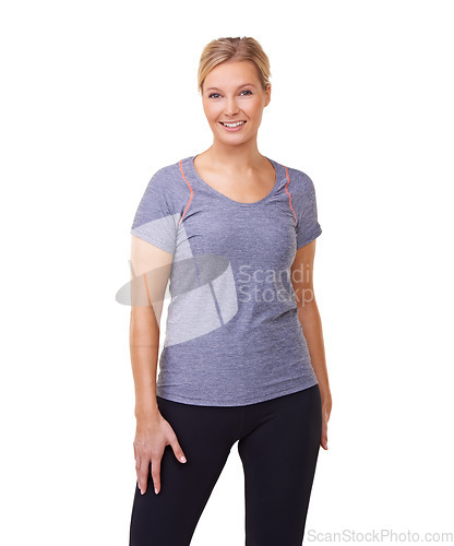 Image of Woman, portrait and happy in studio for fitness, wellness and healthy body with training and exercise. Person, face and smile with confidence, sportswear and pride for workout on white background