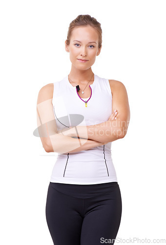 Image of Studio, portrait and woman for fitness with arms crossed and health wellness for exercise mockup. Person, confident and face with pride for training commitment, sports fashion and white background