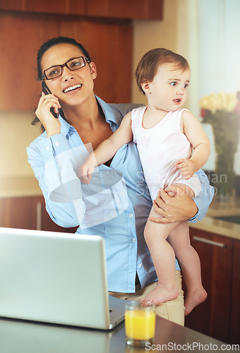 Image of Mom, baby and phone call for home planning, thinking of business and laptop in kitchen for multitasking. Single mother or freelancer on mobile and computer for communication and career opportunity