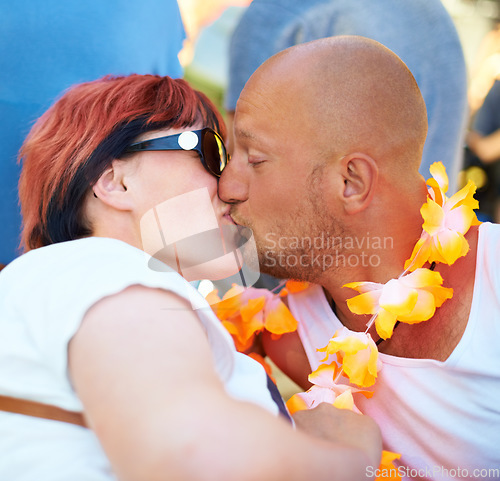 Image of Love, couple and kiss together outdoor, care or connection in healthy relationship at music festival. Lips touch, man and woman in romance, face profile or flowers at carnival party in summer on date