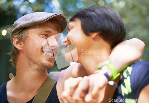 Image of Man, woman and love outdoor relax for bonding romance connection, nature explore for camping experience. Happy partnership, hug embrace and smile in wood for peace adventure, together in summer sun