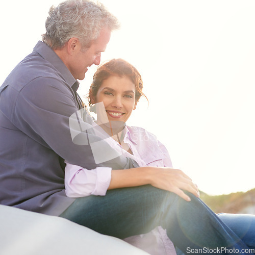 Image of Mature, couple and portrait of hug on holiday, vacation or outdoor sunshine in morning with nature. Happy woman, smile and man with love, respect and gratitude for marriage and partnership together