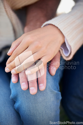 Image of Couple, closeup and hands with love, support and trust in partnership or gratitude for marriage together. Care, man and woman bonding with solidarity, empathy and sign of kindness or connection