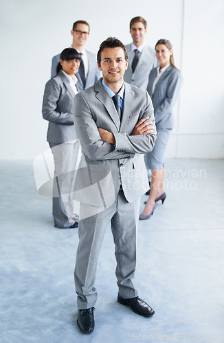 Image of Team leader smile, arms crossed and business portrait man, lawyer or advocate legal pride, cooperation or law advisory. Government workforce, management and happy attorney for corporate consultancy