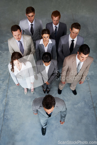 Image of Top view, group of business people or leadership of man walking in office, staff cooperation or collaboration. Above, serious team and professional corporate employees, lawyers or solidarity together