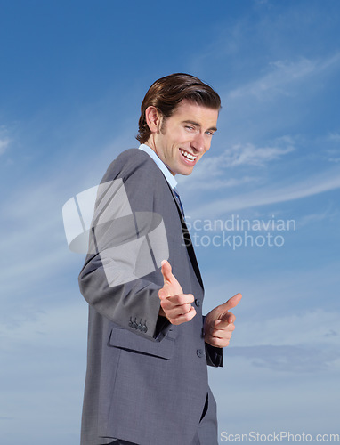 Image of Business, portrait and man with hand pointing at you for support outdoor on blue sky background. We are hiring, recruitment or recruiter face smile with travel agency promotion or finger emoji choice