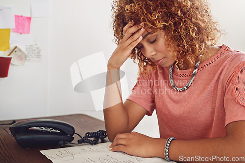 Image of Headache, documents or woman in office for administration, paperwork report or project deadline. Migraine pain, stress or frustrated secretary at desk working on research or agenda with depression