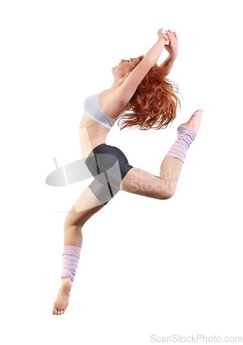 Image of Woman, dancer and jump in studio for creative expression exercise, white background or mockup space. Female person, aerobics and workout gymnastics or fit leap as energy practice, moving training