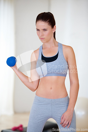 Image of Woman, serious and thinking with dumbbells in studio for health wellness, fitness and weight loss with cardio exercise. Young person, commitment and power with hand weights for strong muscle in gym